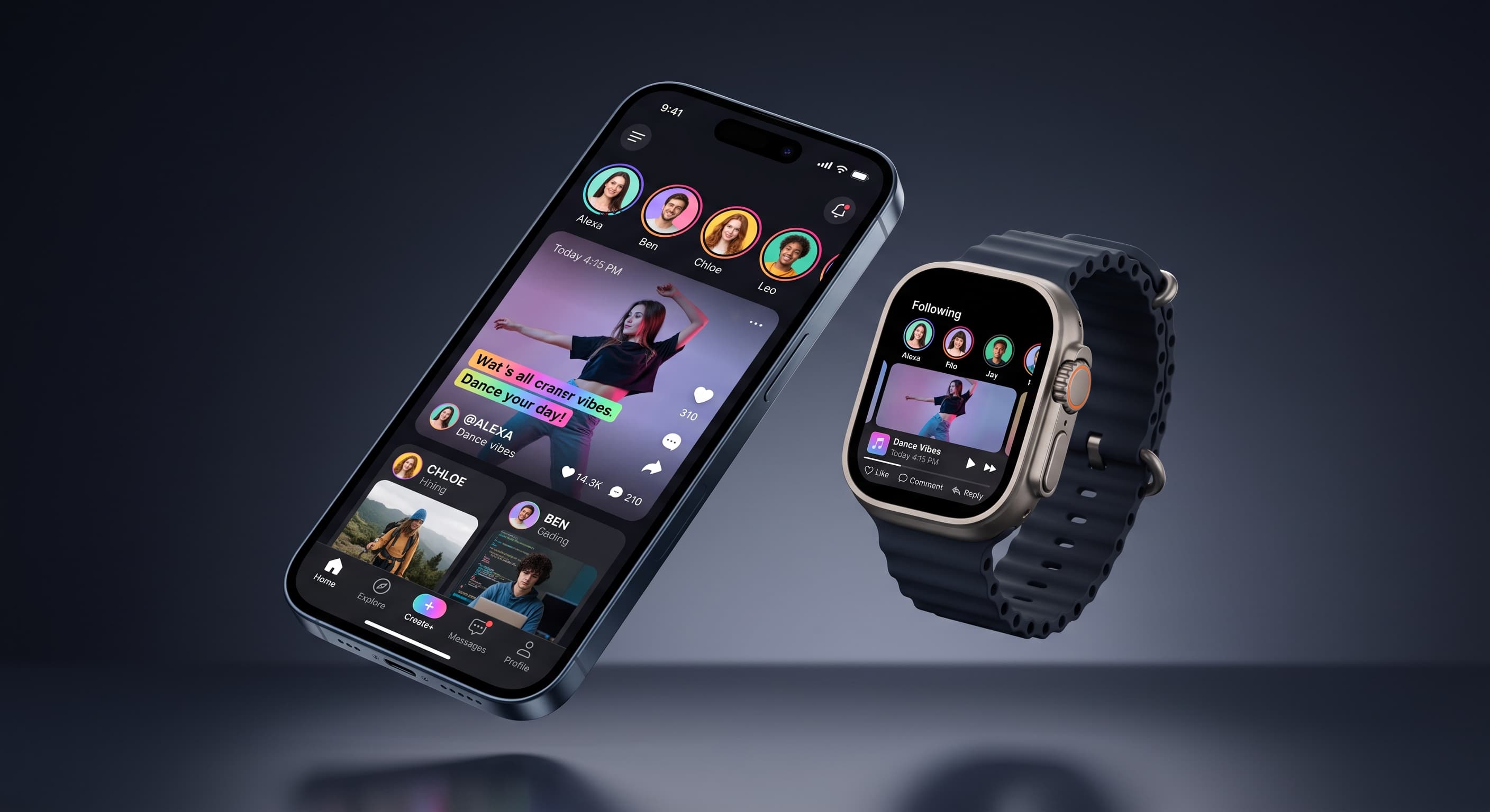 A smartphone and a smartwatch displaying a connected social experience built by Plurivane Labs