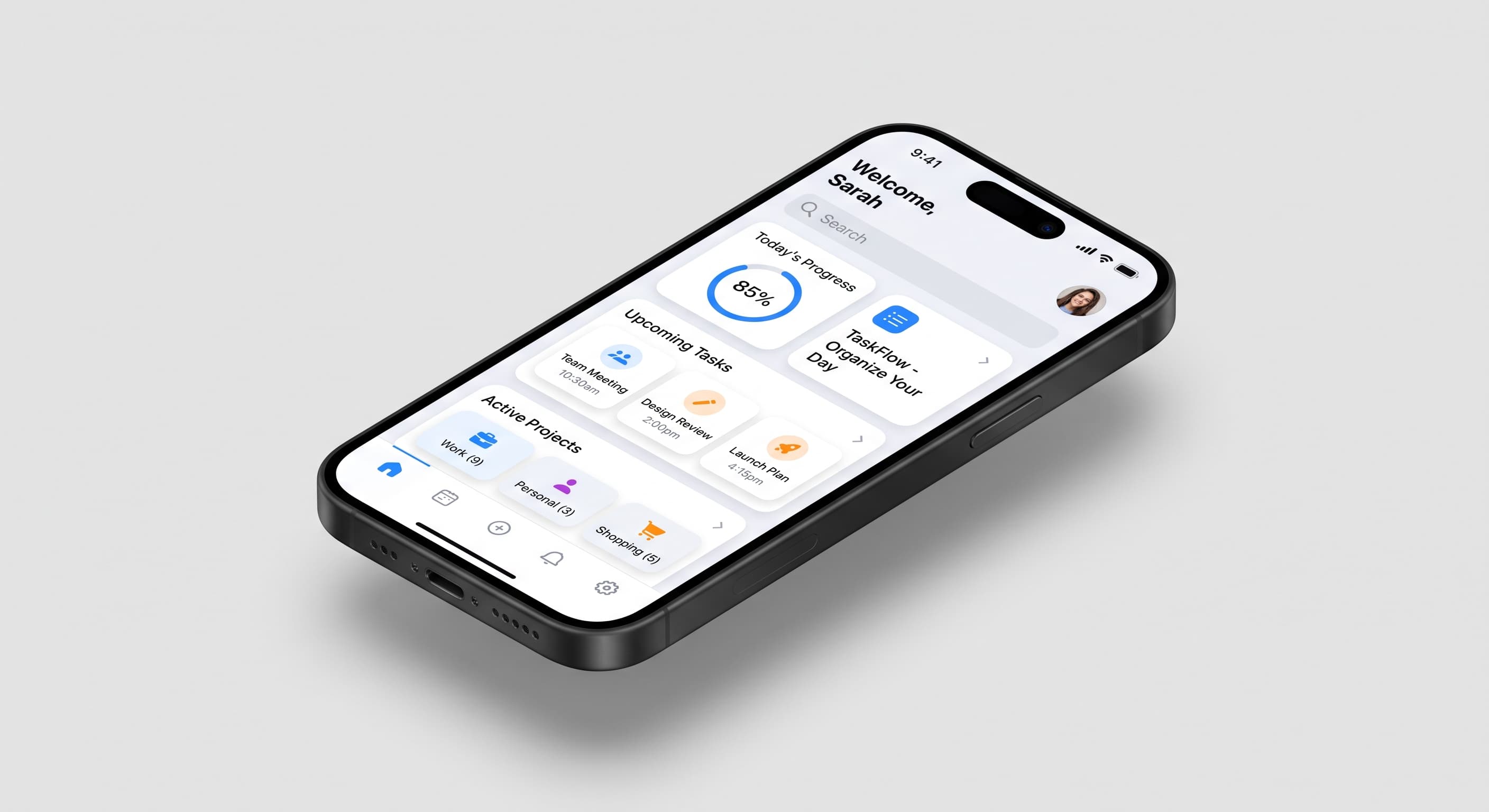 An iPhone floating at an angle, showing a productivity dashboard built by Plurivane Labs
